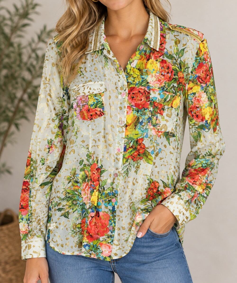Womens Aratta Silent Journey Cordelia Blouse White Floral Size XL EUC!